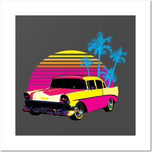 Retro classic car with sunset and palm trees Posters and Art